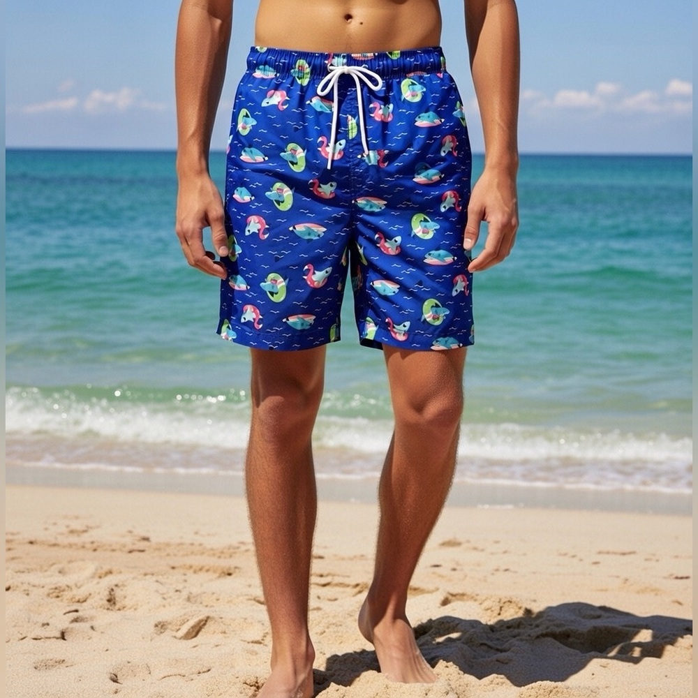 New Lands' End Kids Swim Trunks - Blue with Shark Flamingo Print Size XXL 18-20